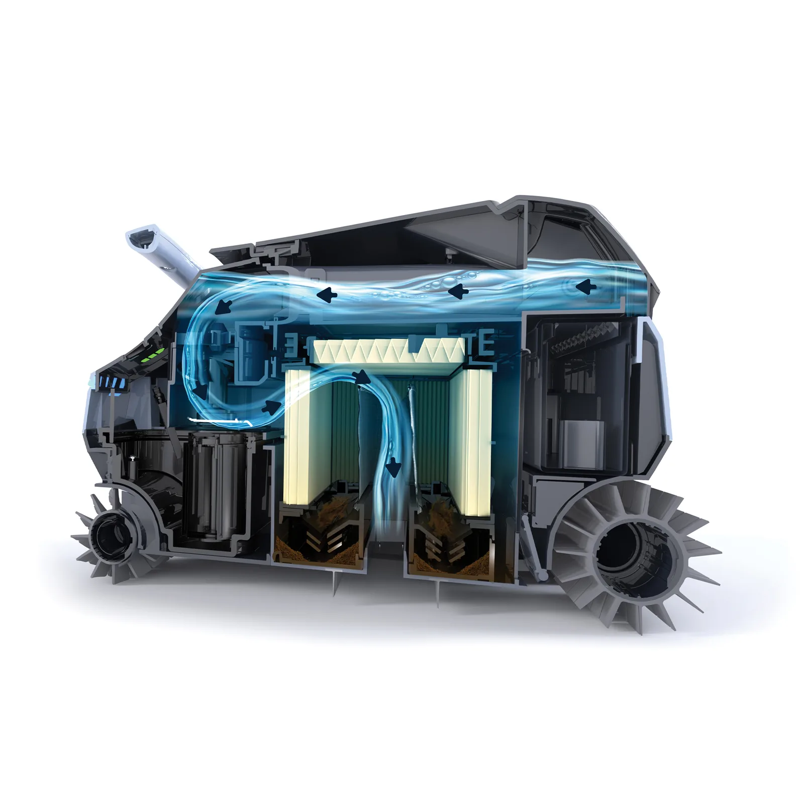 Side view of the Dolphin EON 120d showing filter system internal